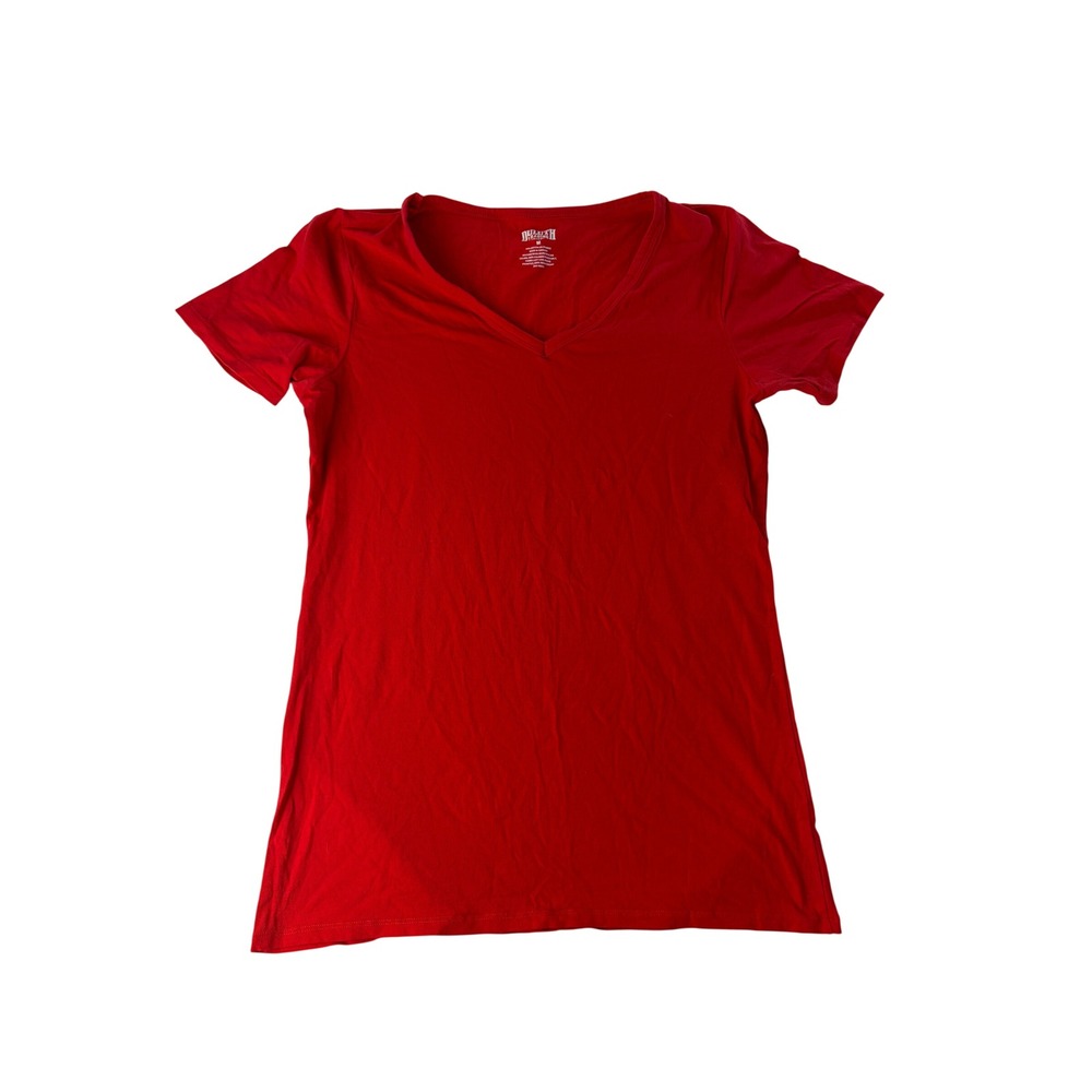 Duluth Trading Co T-Shirt Womens M V-Neck Solid Red Stretch Basic Short Sleeve